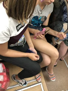 Tall Candid Teen Girl in Denim Shorts And Sandals Sitting in the Subway Train, Then Walking Down the Station