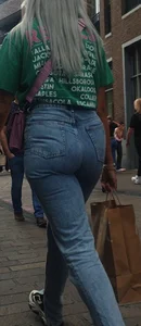 Blonde girl wearing blue jeans with a great ass street creepshots
