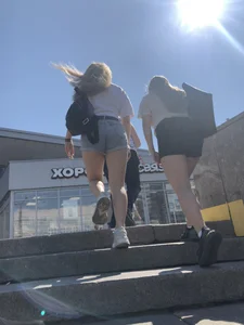 Stocky Girls in Denim Shorts on the Street Stairs Nice Legs Candid Photos