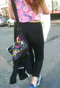 See through leggings girl with a nice ass and purple patterned panties