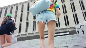 Skinny Girl in Light Blue Fringed Mini Shorts Walking Up the Stairs Street Creepshot, Nice Slim Legs