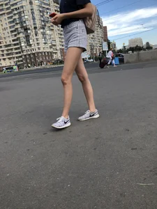 Girl in Striped Shorts with Long Thin Hot Legs City Candid