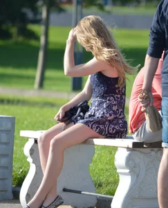Sexy Candid Girl in a Short Dress Sitting on a Park Bench City Creepshot - Great Skinny Legs