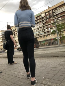 Skinny Girl in Tight Black Jeans on the Bus Stop Candid Photos