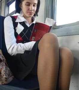 Sexy girls in skirts, stockings and upskirts on the train