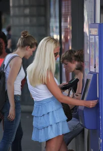 Hot blonde in blue skirt