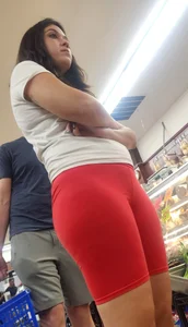 Red hot spandex in line at the deli counter