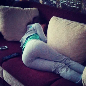 Cute Girl in Home Pants Sleeping on the Couch - VPL Candid