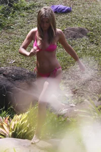 Sexy Jennifer Aniston shows hard nipples in pink bikini while on set