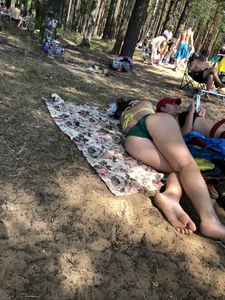Girl in Swimsuit With Hot Ass Lying on a Towel at a Nature Park Creepshots