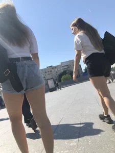 Stocky Girls in Denim Shorts on the Street Stairs Nice Legs Candid Photos
