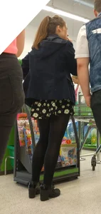 Girl in a Skirt and Black Pantyhose Supermarket Candid Pic