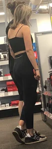 Blonde babe shopping in tight black leggings