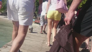 Milf in yellow shorts with vpl and a wedgie