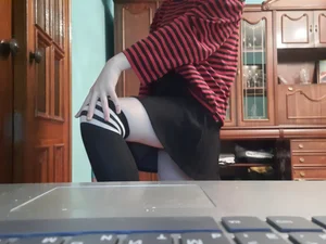 Skinny Girl in Knee Socks And  a Skirt With Skinny Pale Legs Hot Selfie