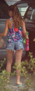 Hot teen neighbor getting ready for the beach in short shorts showing some cheek