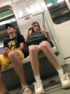 Cute Sleepy Girl in Shorts Asleep in Subway Candid Photos