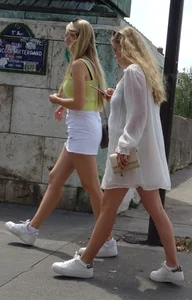 3 cute blondes in skirts and 1 see through dress