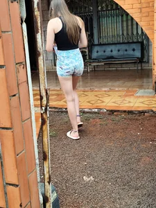 Skinny blonde receiving her order with her cameltoe swallowing her volleyball shorts