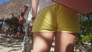 Milf in yellow shorts with vpl and a wedgie