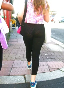 See through leggings girl with a nice ass and purple patterned panties