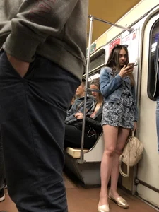 Girl in Short Dress with Cute Skinny Legs Hot Subway Candid