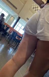 College girls lining up for lunch showing off