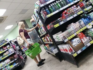 Grocery store blonde with a nice ass in tight white shorts