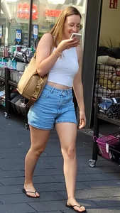 Stocky Candid Girl Wearing a Top, Denim Shorts And Slippers Street Creepshots