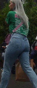 Blonde girl wearing blue jeans with a great ass street creepshots