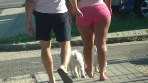 Thick booty babe walking her dogs in pink shorts