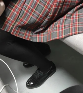 Candid Teen's Legs Closeup Photos - Checkered Skirt, Pantyhose And Shoes