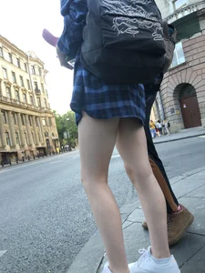 Candid teen with hot slim legs at the crosswalk street creepshots