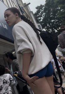 Stunning cheeked up gym girl shopping in blue shorts (OC)