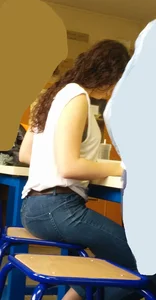 Hot Thin Girl in Tight Jeans Sitting in the Cafe Candid Photo