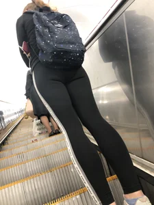 Skinny Candid Girl in Leggings Subway Escalator Low Angle Creepshots - Hot Thin Legs