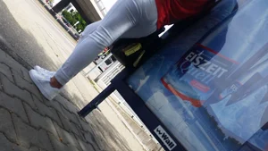 Nice Booty in Legs in Tight White Pants - Girl Standing on a Bus Stop Street Creepshot