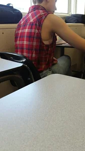 Candid College Girl in Classroom With Her Bra Sticking From Under Blouse Creepshots