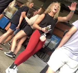 Curly Blonde Hair College Girl in Tight Red Leggings (OC)