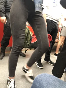 Long Skinny Legs in Black Denim - Subway Train Closeup Candid