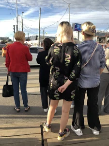 Cute blonde candid teen crossing the street