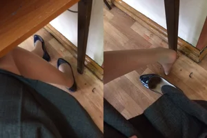College Girl in Pantyhose Taking Off Her Flats And Showing Off Her Foot Classroom Creepshot