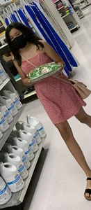 Cute Asian teen in a short dress supermarket creepshots, skinny legs and sandals