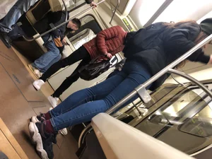 Nice Thin Legs and Small Booty in Blue Tight Jeans in the Subway Train Candid Pics