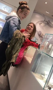 Skinny Girls in Tights at the Cash Register Store Candid Photos