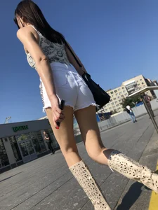 Hot Girl in White Mini Shorts Abs Boots Walking Up the Stairs Street Creepshots Gallery