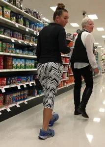 Black and white patterned leggings booty on cute girl at Target