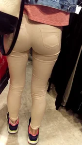 Sexy Booty and Thin Legs in Tight White Pants Closeup Creepshot