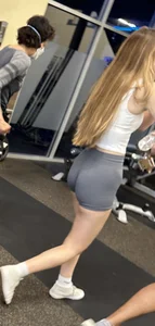 Thin blonde college chick with a nice tight ass in grey biker shorts
