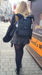 Blonde Teen With a Backpack in a Skirt And Black Pantyhose Street Creepshot